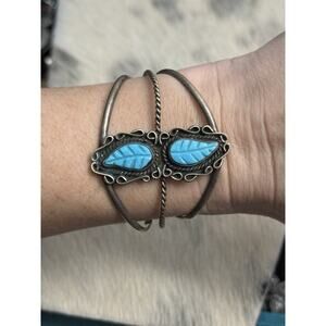 Native American Sterling Silver Carved Turquoise Double Feather Cuff Bracelet